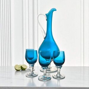 Vintage Cobalt Blue Art Glass Decanter Set: Mid-Century Modern Barware